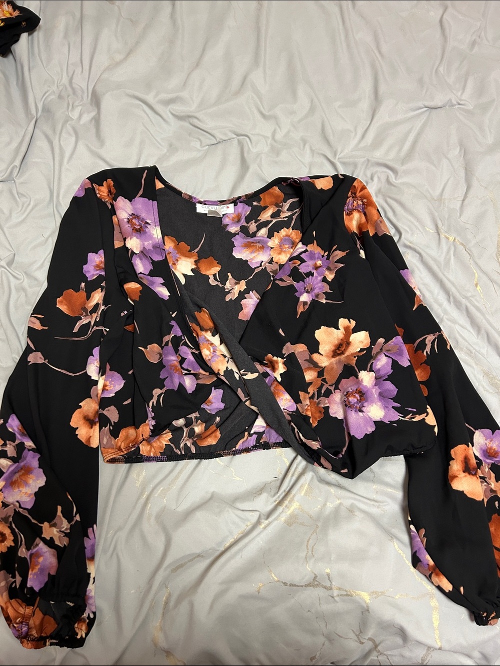Ashley Stewart Black Floral Wrap Crop Top with Purple & Rust Blooms